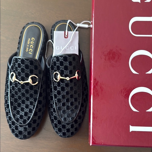 Gucci Shoes - Gucci Black Velvet Slip-On Mules with Gold Horsebit